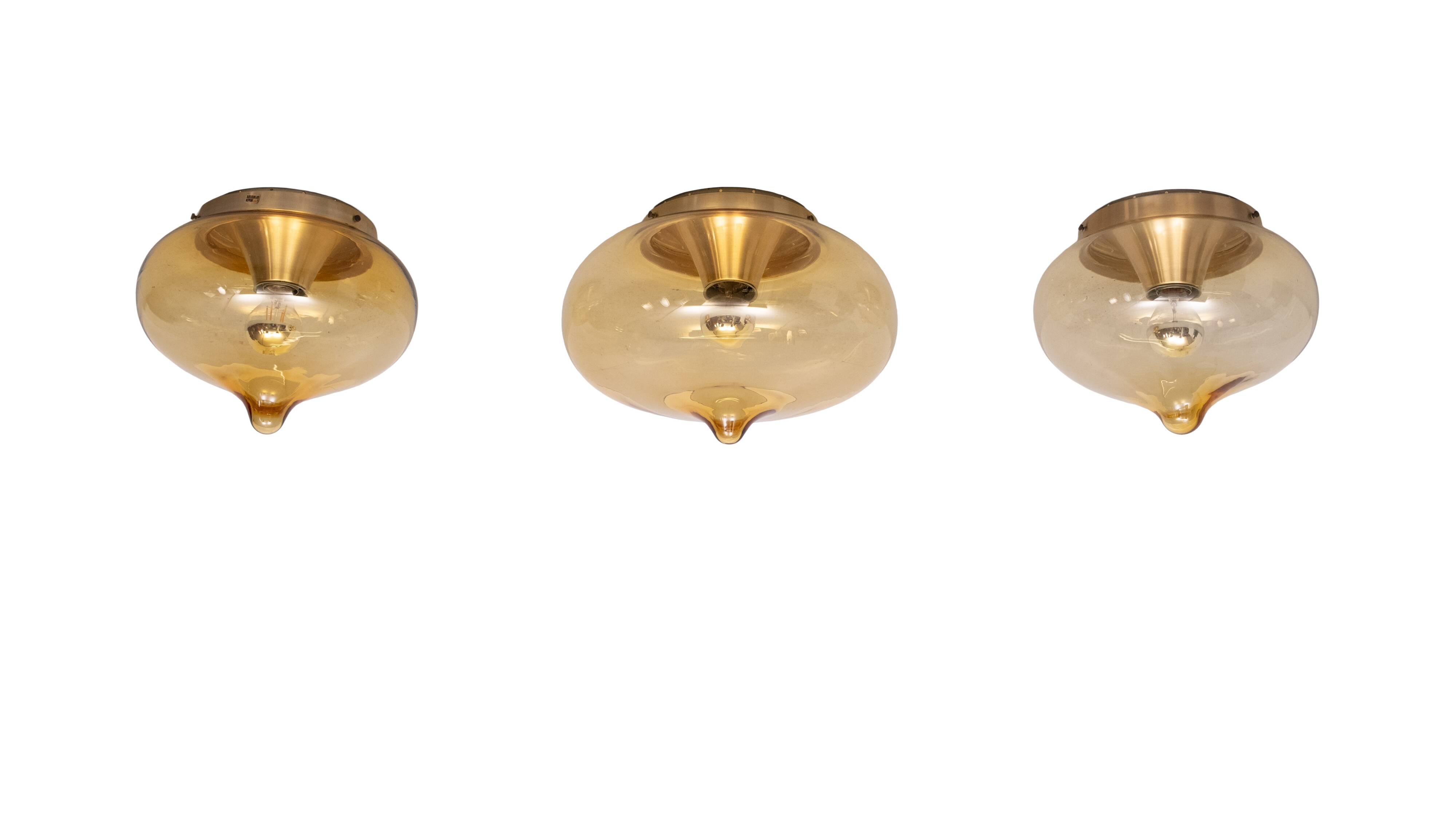 3 plafonniers en verre fumé par Dijkstra Lamps, années 1970