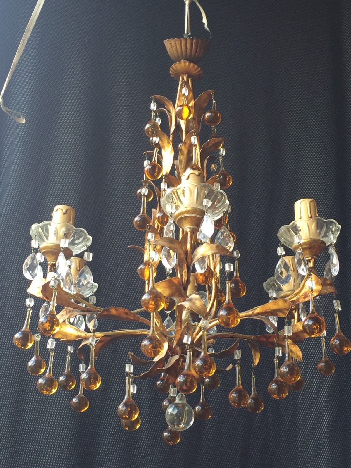 Chandelier 6 lights tassels color and frame foliage gold metal