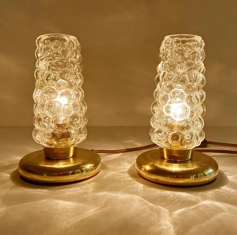 Pair Vintage Bubble Glass Table Lamps, Bedside, Brass