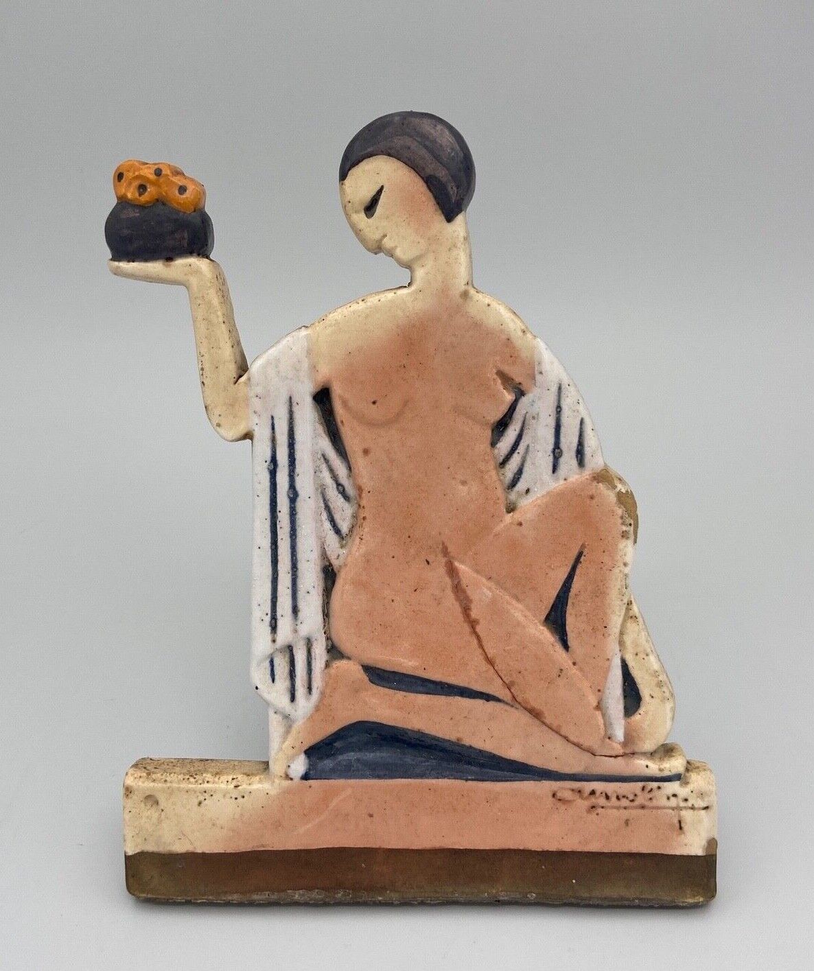 Women's cast iron subject 1930 art deco signature to identify polychrome