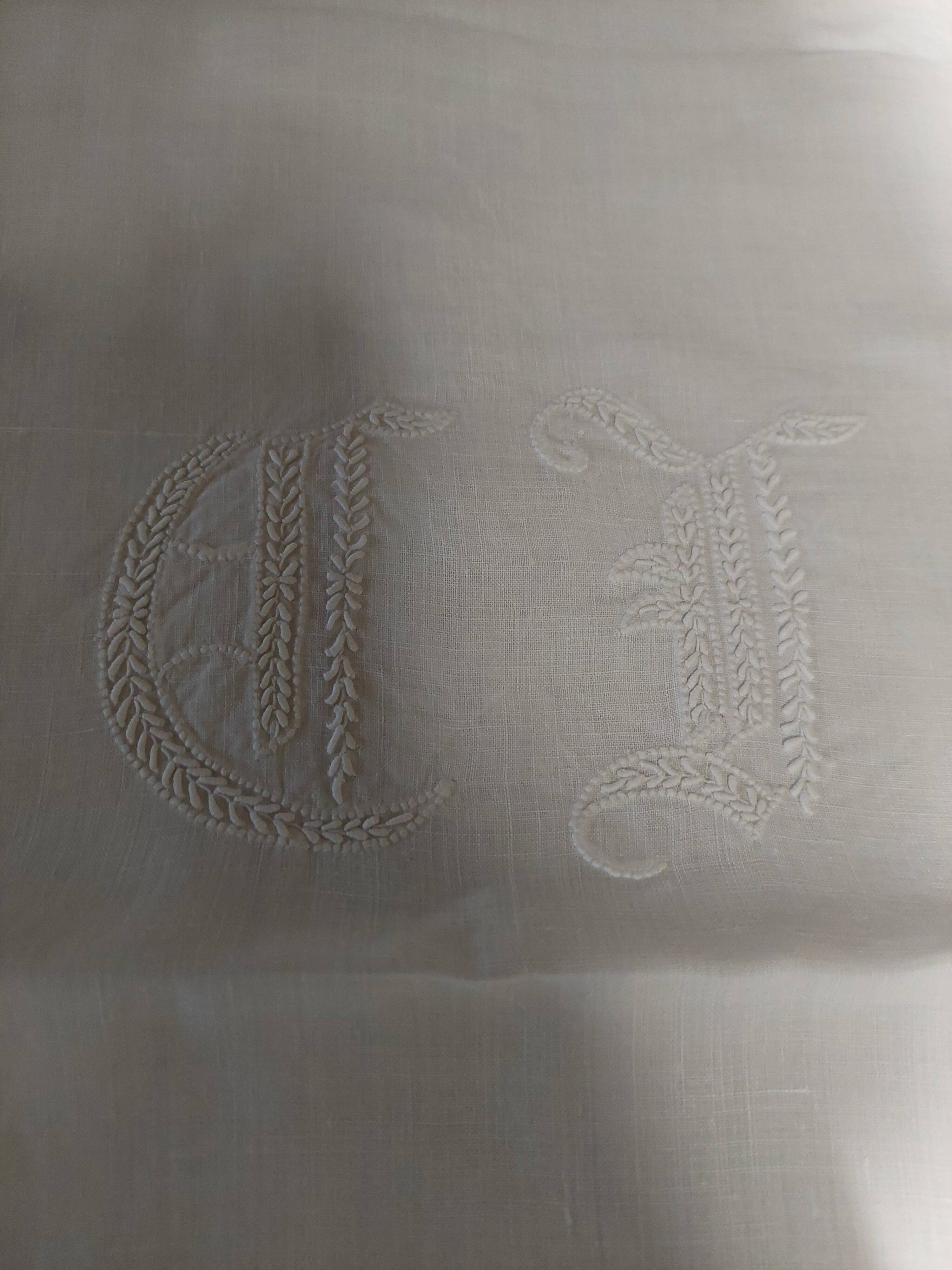Old white linen pillowcase embroidered monogram ED 65 x 65 cm