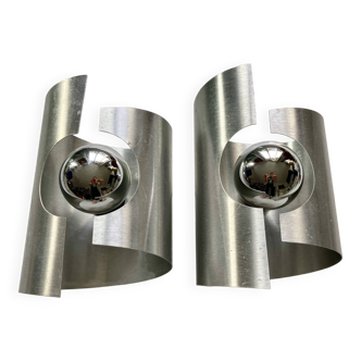 Pair of space age wall lights in brushed aluminum