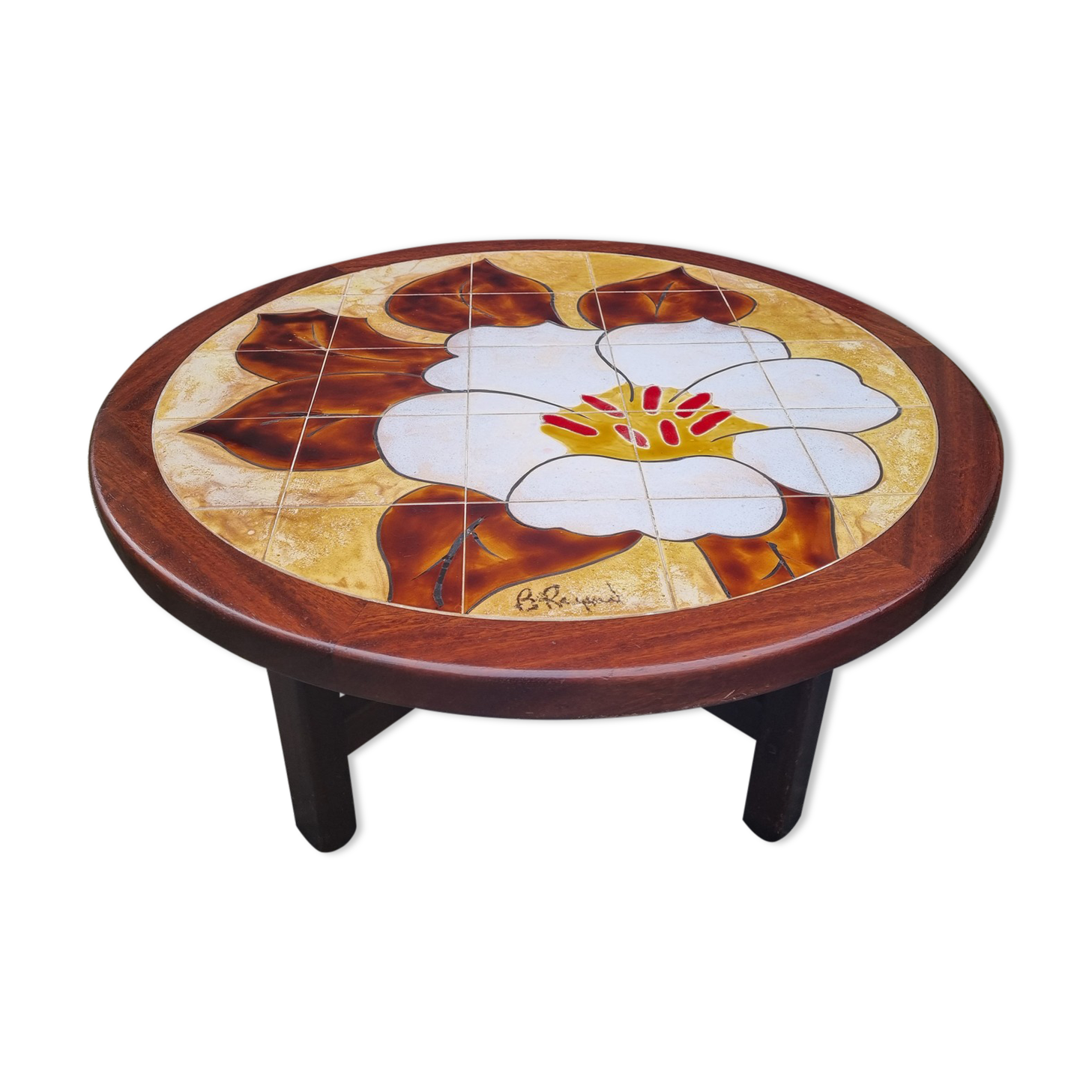 Round coffee table, B. Raynaud ceramics, flowers, vintage, 70s