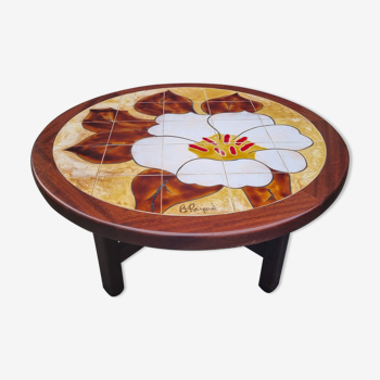 Round coffee table, B. Raynaud ceramics, flowers, vintage, 70s