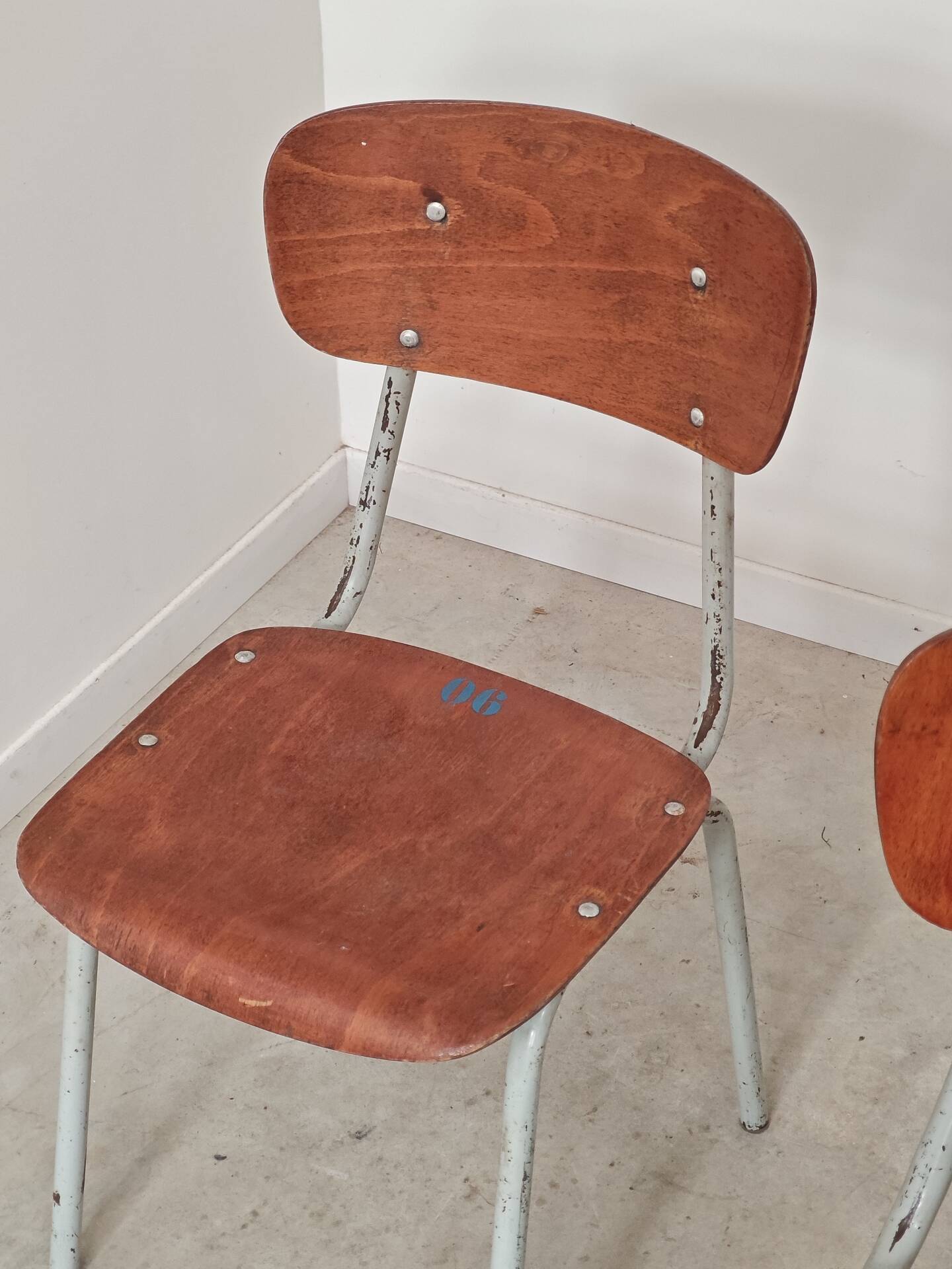 Set of 3 Czech school chairs in metal and wood.