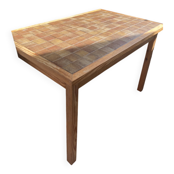 Table en pin et céramique marron, années 60