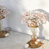 Set of 2 large table lamps with crystal glass flowers, pink and transparent, brass base, 1960