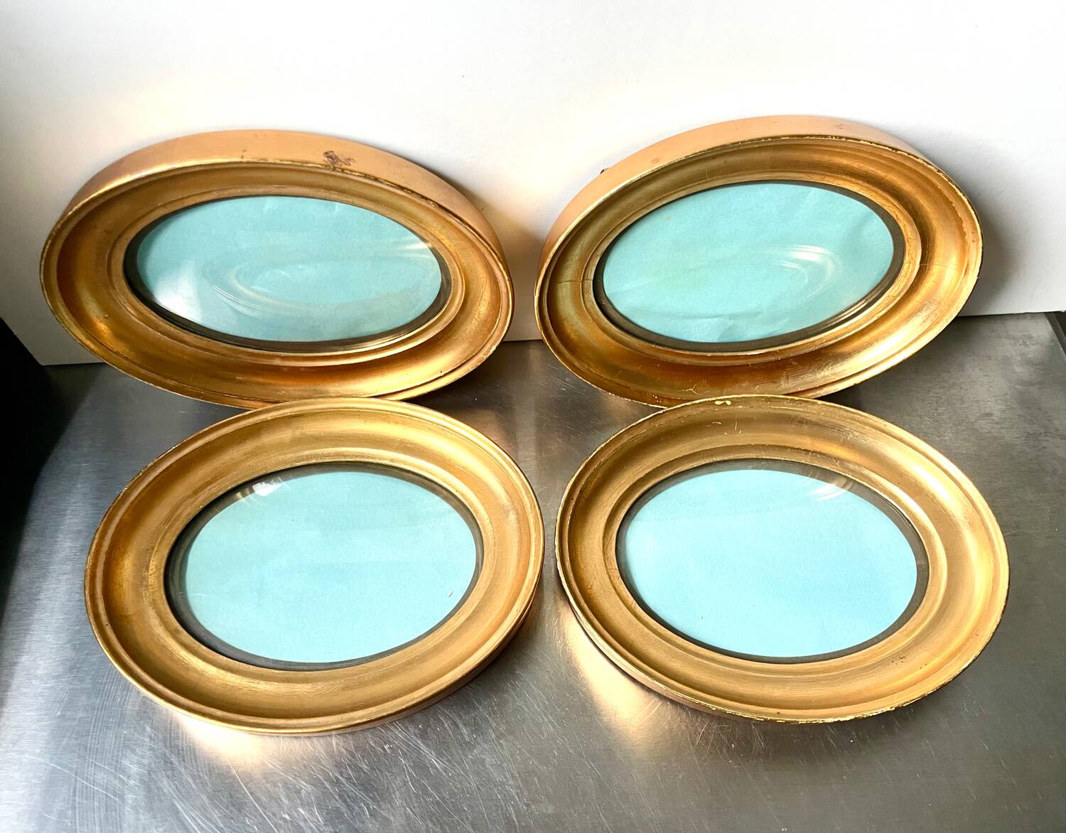 Lot of 4 Antique Oval Gilded Frames  CONVEX glass , each frame 19.5 cm x 15.5 cm