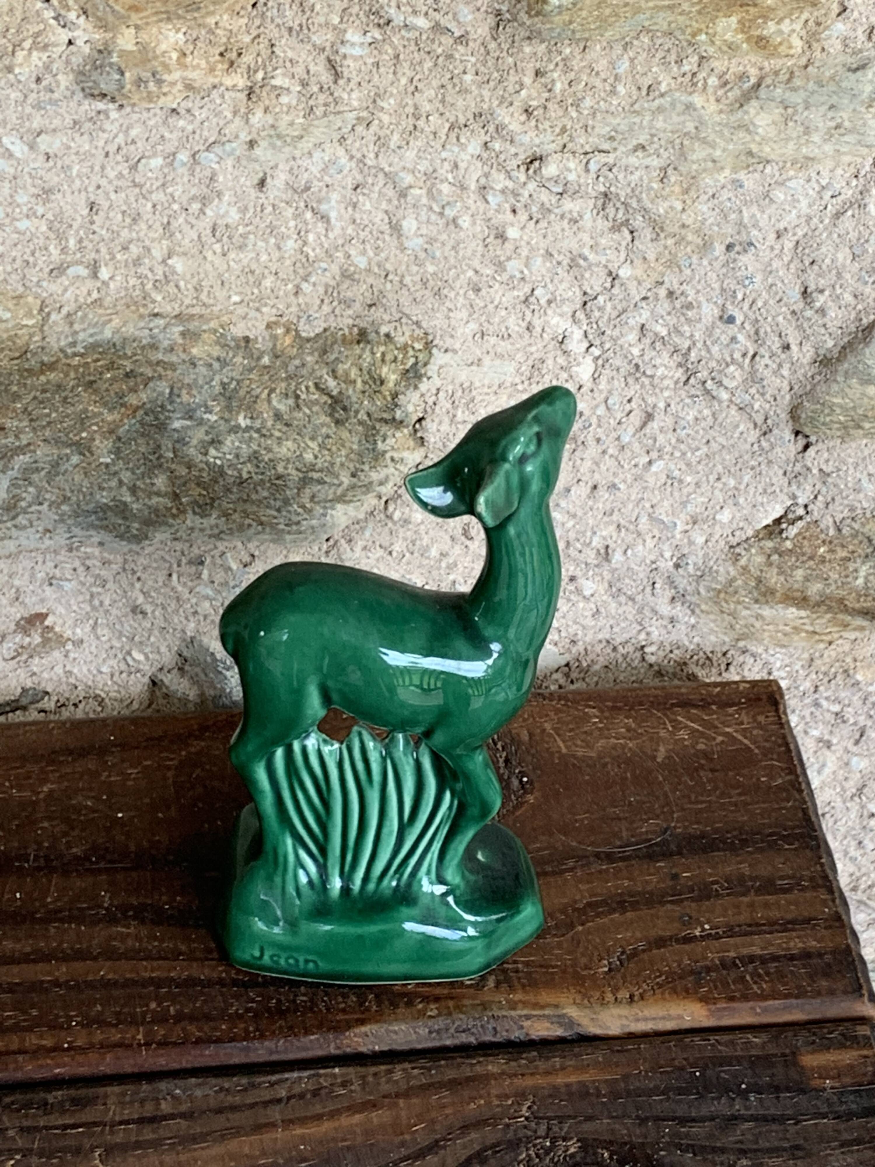 Pair of deer in green enameled ceramic, slip, decorative, Stamped, Les Buissonnets