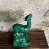 Pair of deer in green enameled ceramic, slip, decorative, Stamped, Les Buissonnets