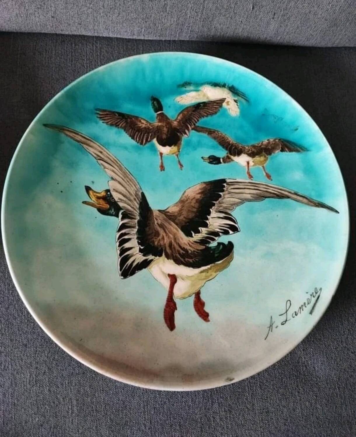 Pair of plates Auguste Lamère flying duck workshop Théodore Deck