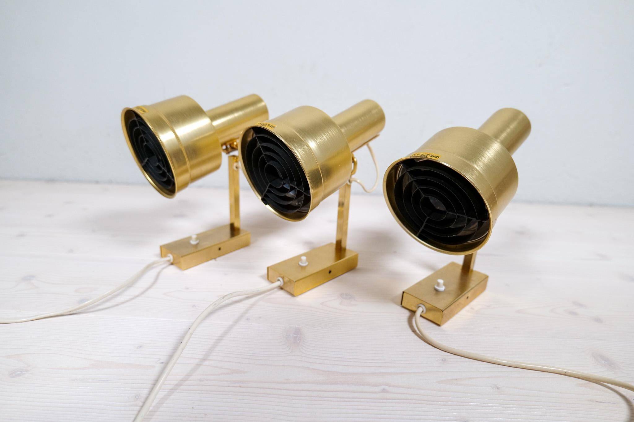 Mid-Century Modern Set of 3 Brass Wall Sconces by Sundstedt Sweden