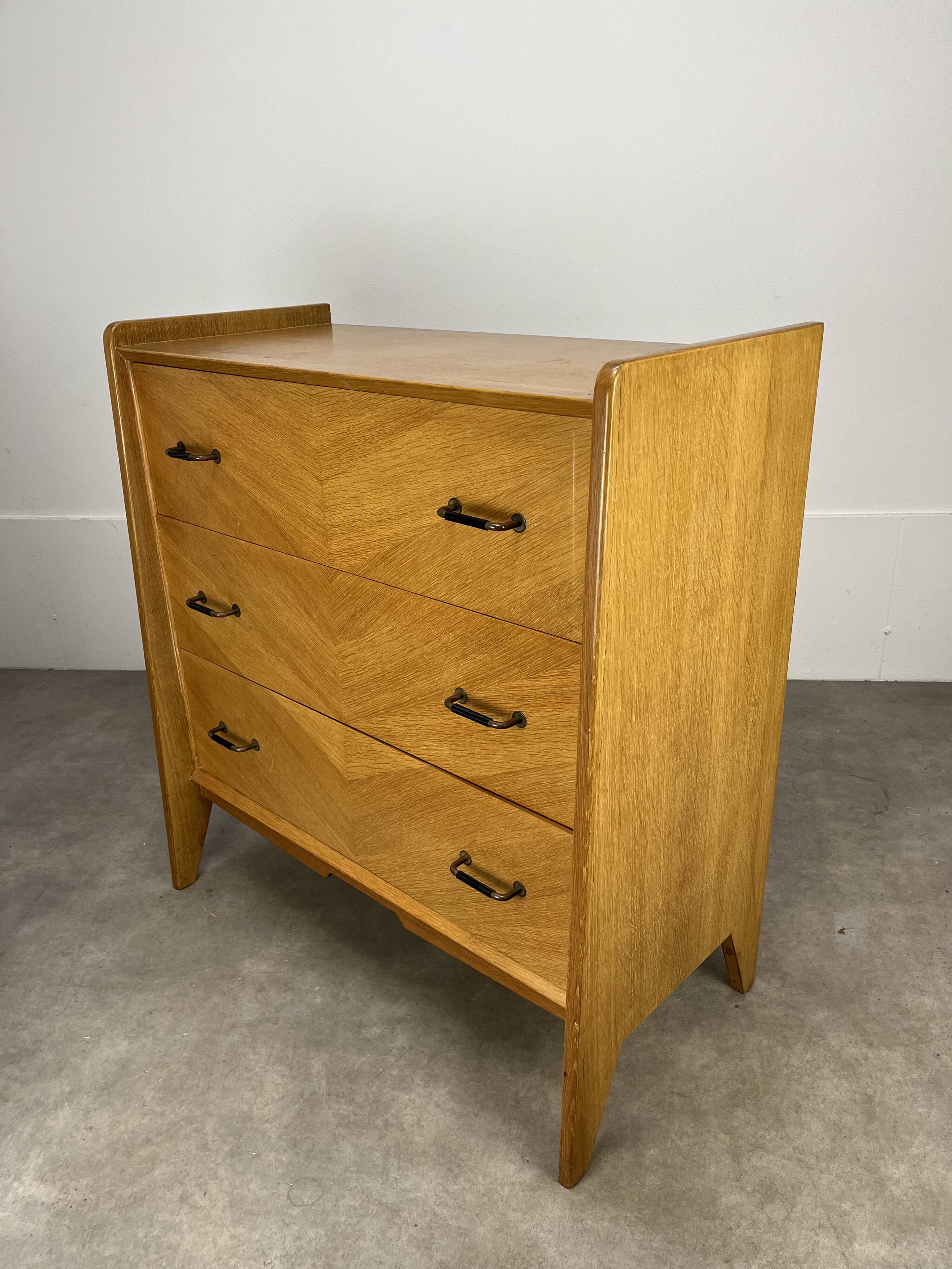 50s chest of drawers with blond wood compass feet
