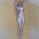 Tableau signé sanguine pastel portait féminin « la coiffure »