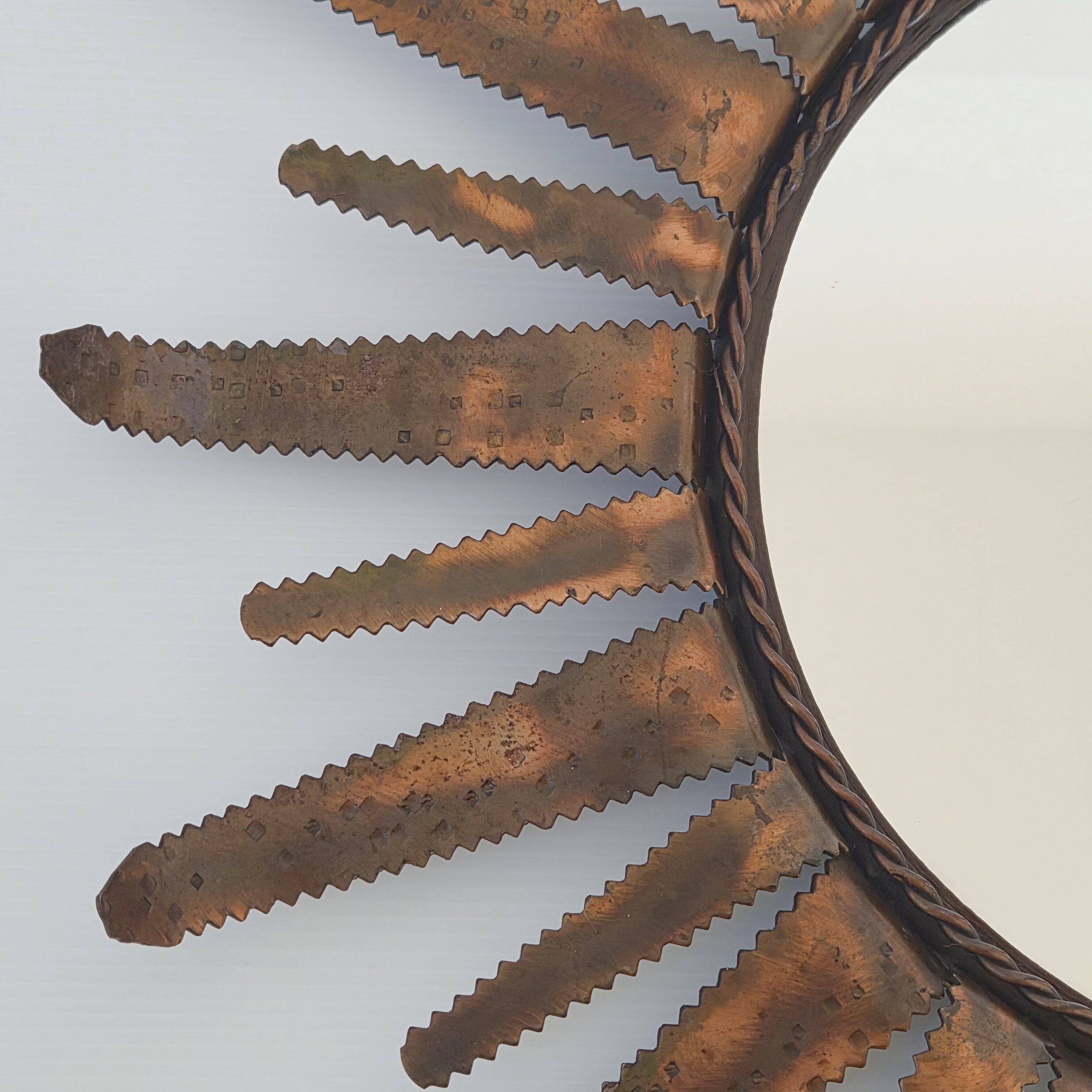 Sunburst mirror vintage 1960 in golden copper metal 50s brutalist 1960s