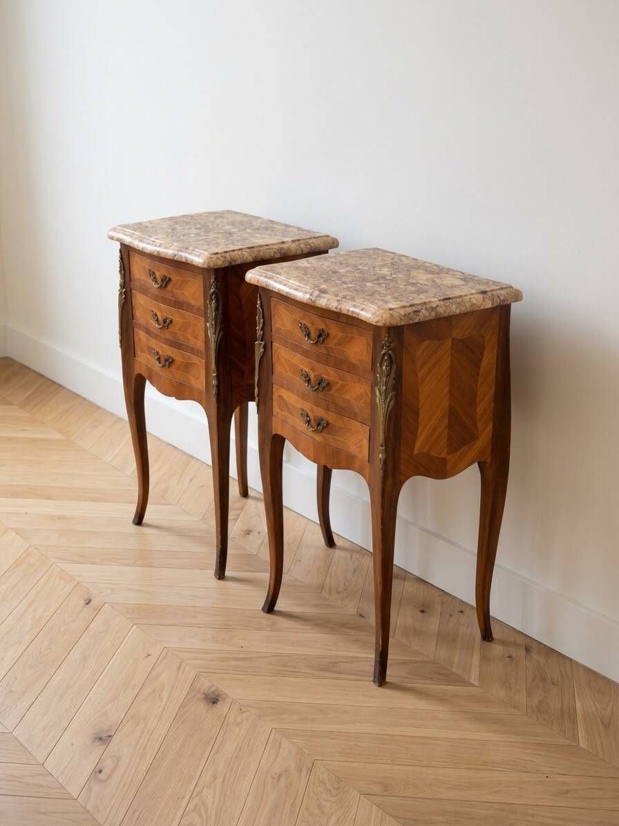 Pair of Louis XV style bedside tables in marquetry and marble.
