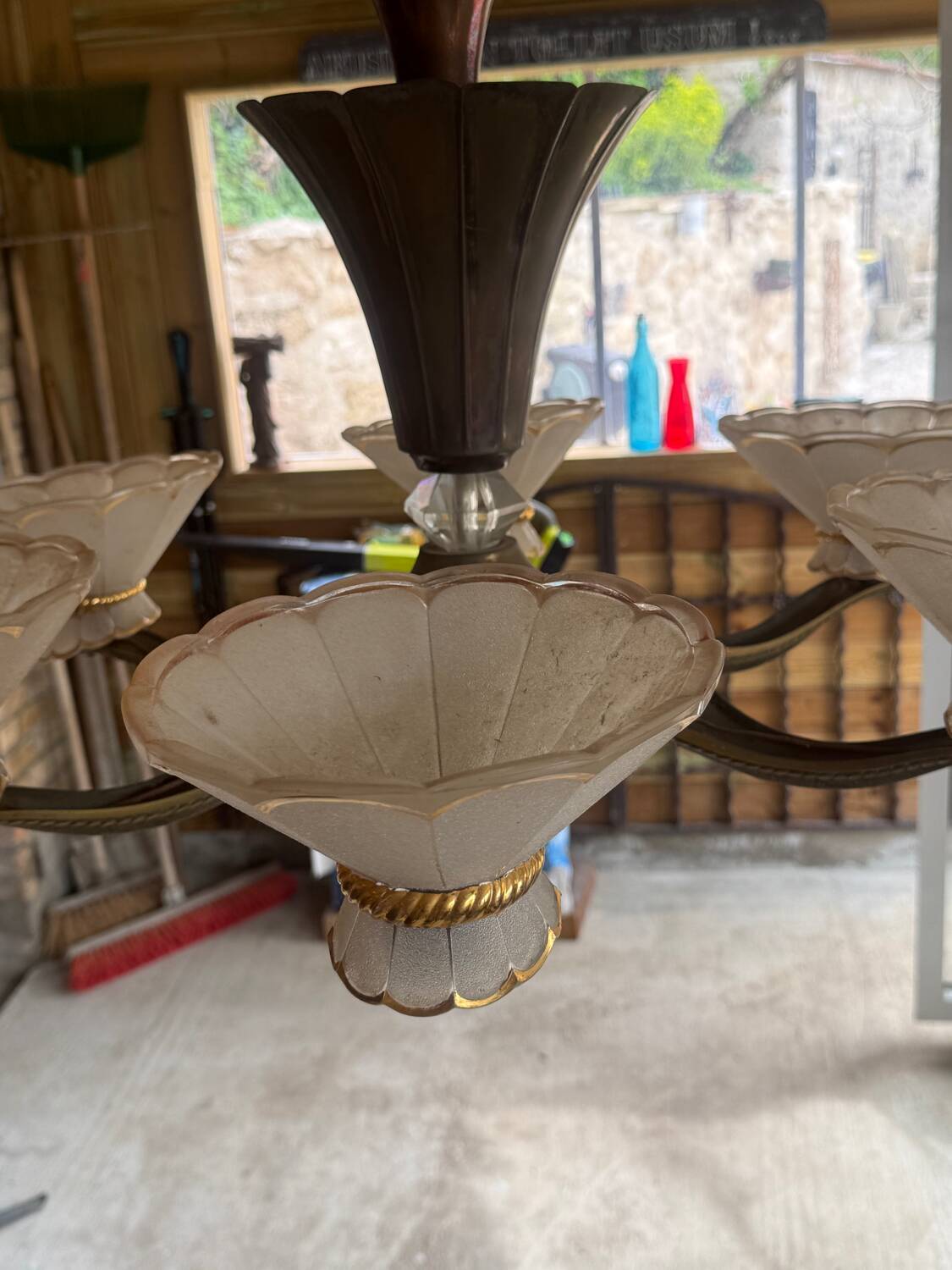 Art Deco Chandelier with Six Lights in Bronze and Frosted Glass, France, 1930s