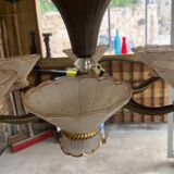 Art Deco Chandelier with Six Lights in Bronze and Frosted Glass, France, 1930s