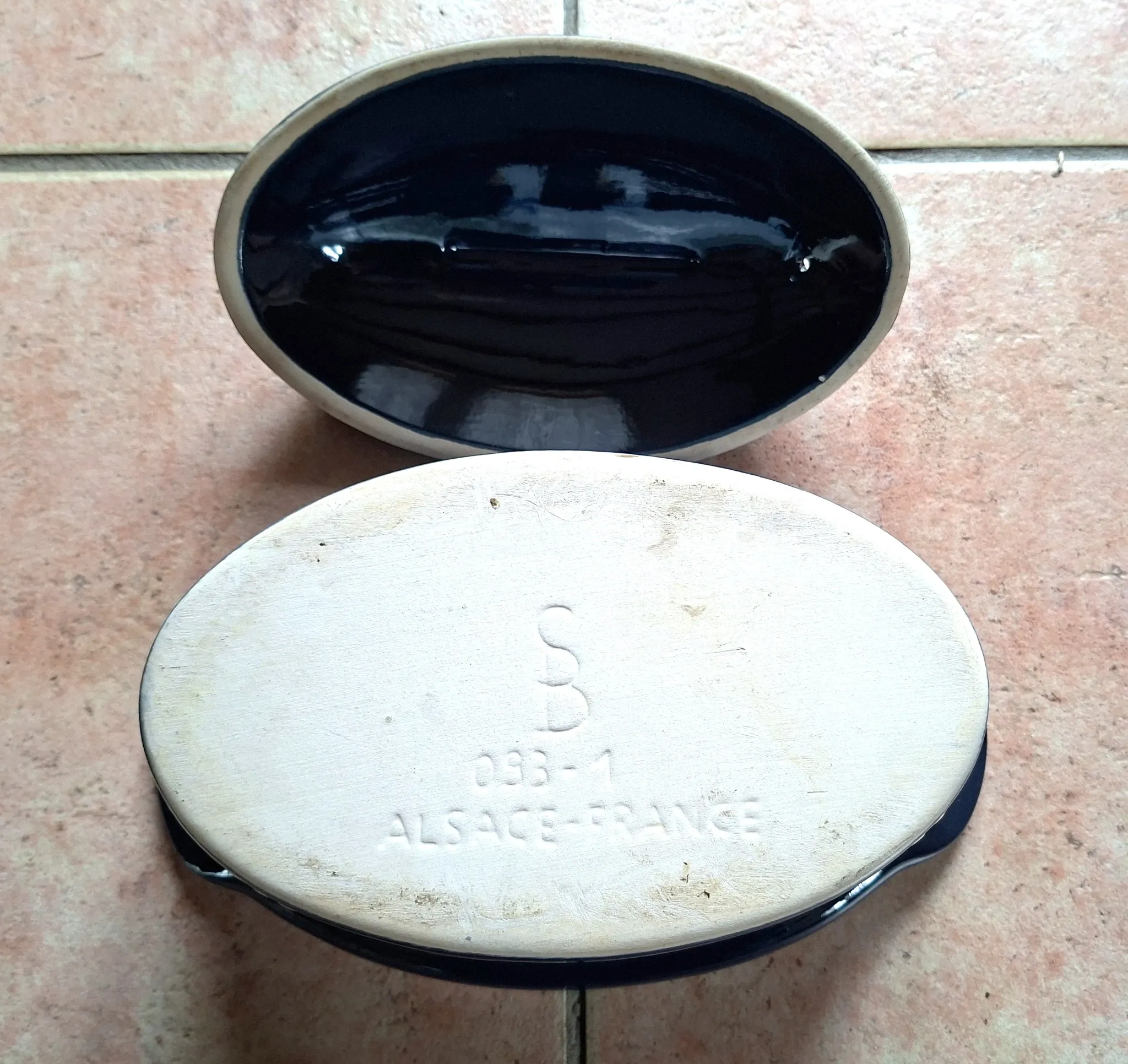 Blue terrine in handcrafted pottery from Alsace, hand-painted.