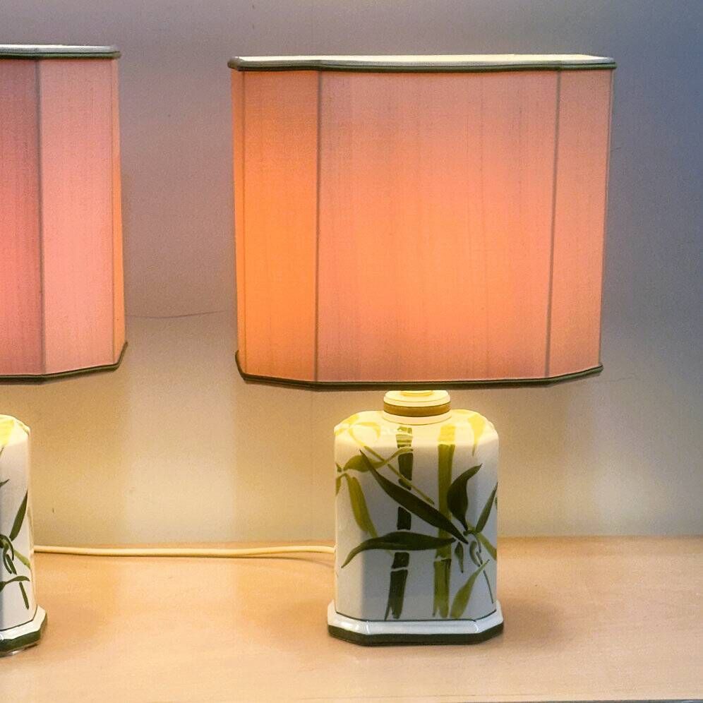 Pair of vintage bamboo ceramic table lamps with shades | Hand painted oriental style