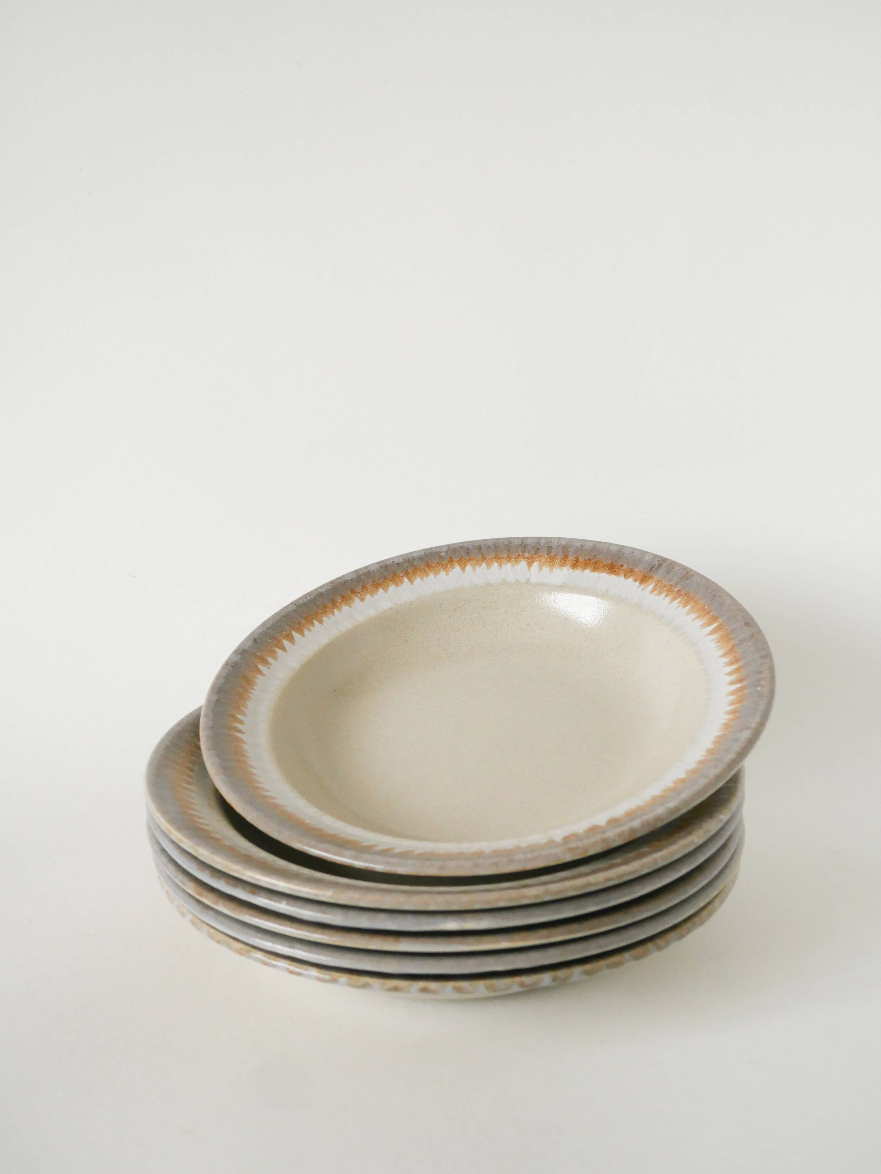 Lot de 6 assiettes creuses en grès, Beige et Ocre, 1970