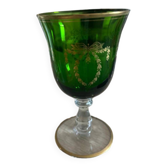 Vintage green glass goblet with golden ribbon pattern Louis XVI style