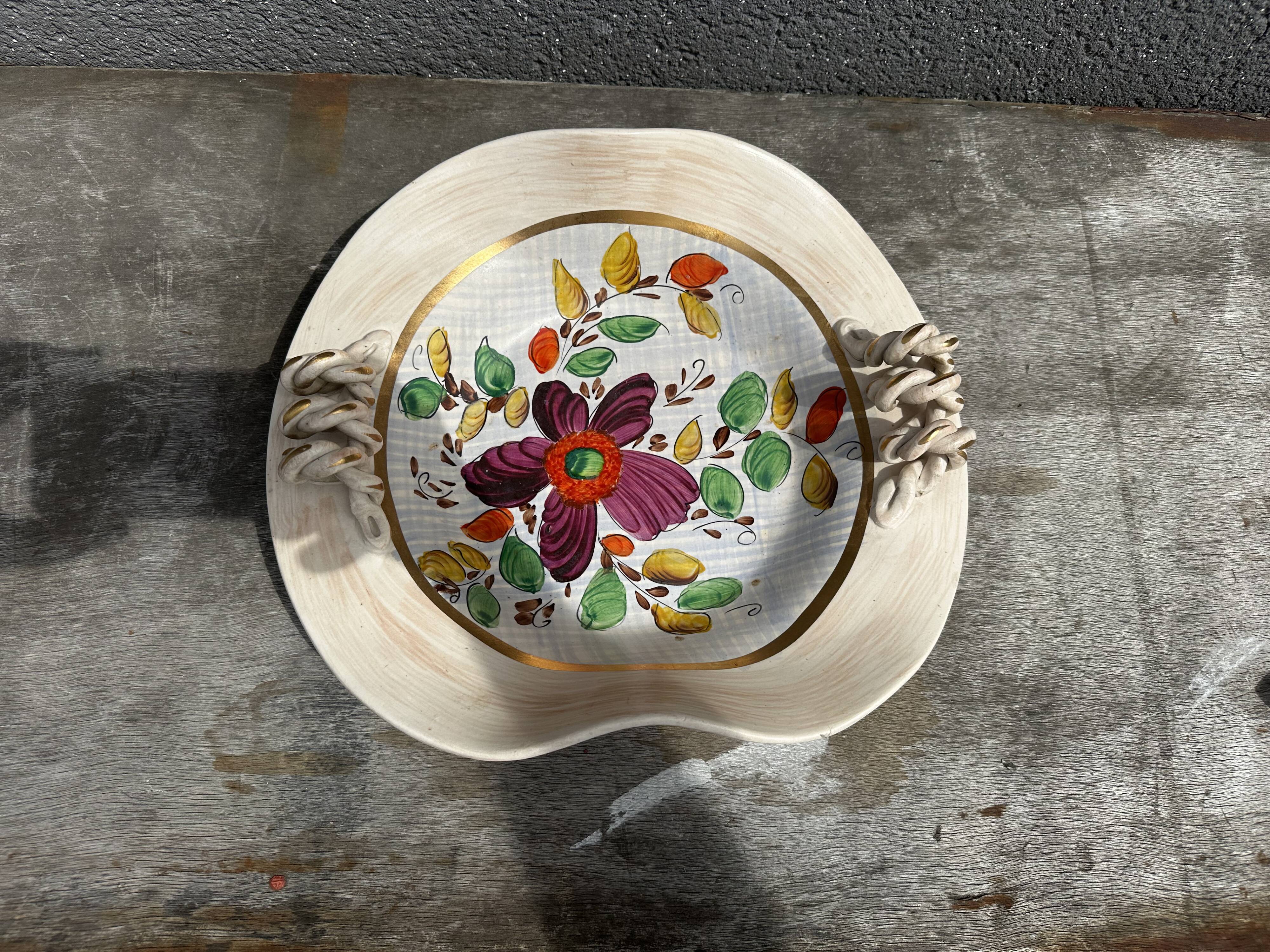 Painted ceramic fruit basket woven by Hubert Becquet, Quaregnon.