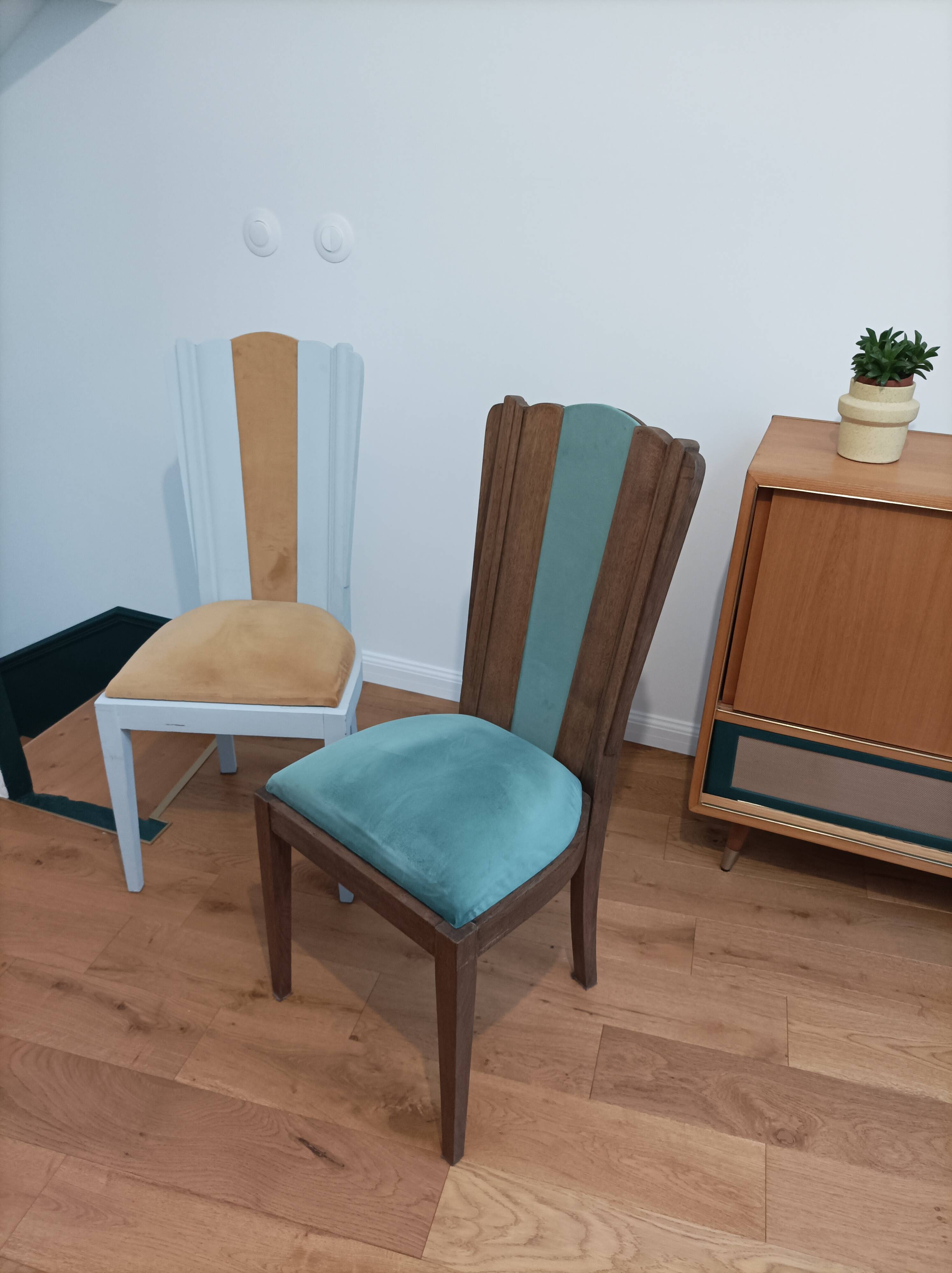 Pair of vintage 1930s chairs in wood and velvet (Art Deco style)