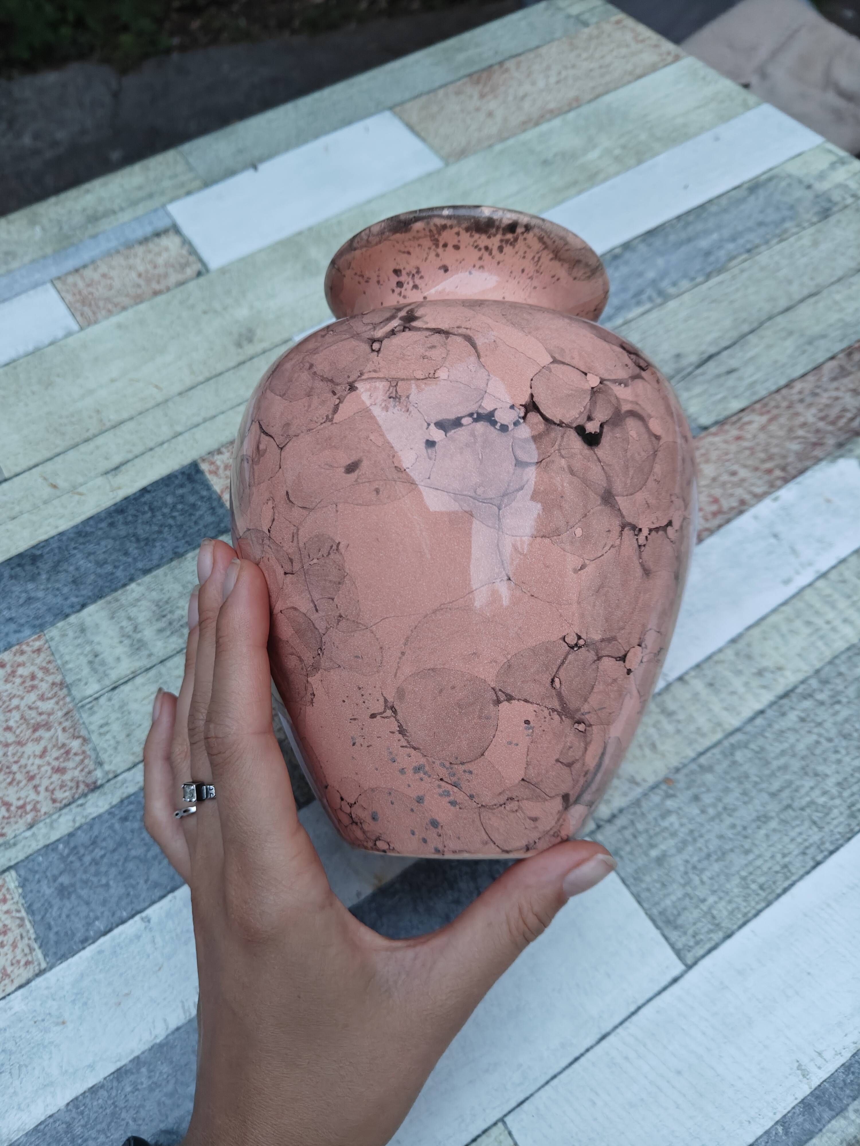 Vintage ceramic vase - powder pink / peach with pearlescent and marbled effect /