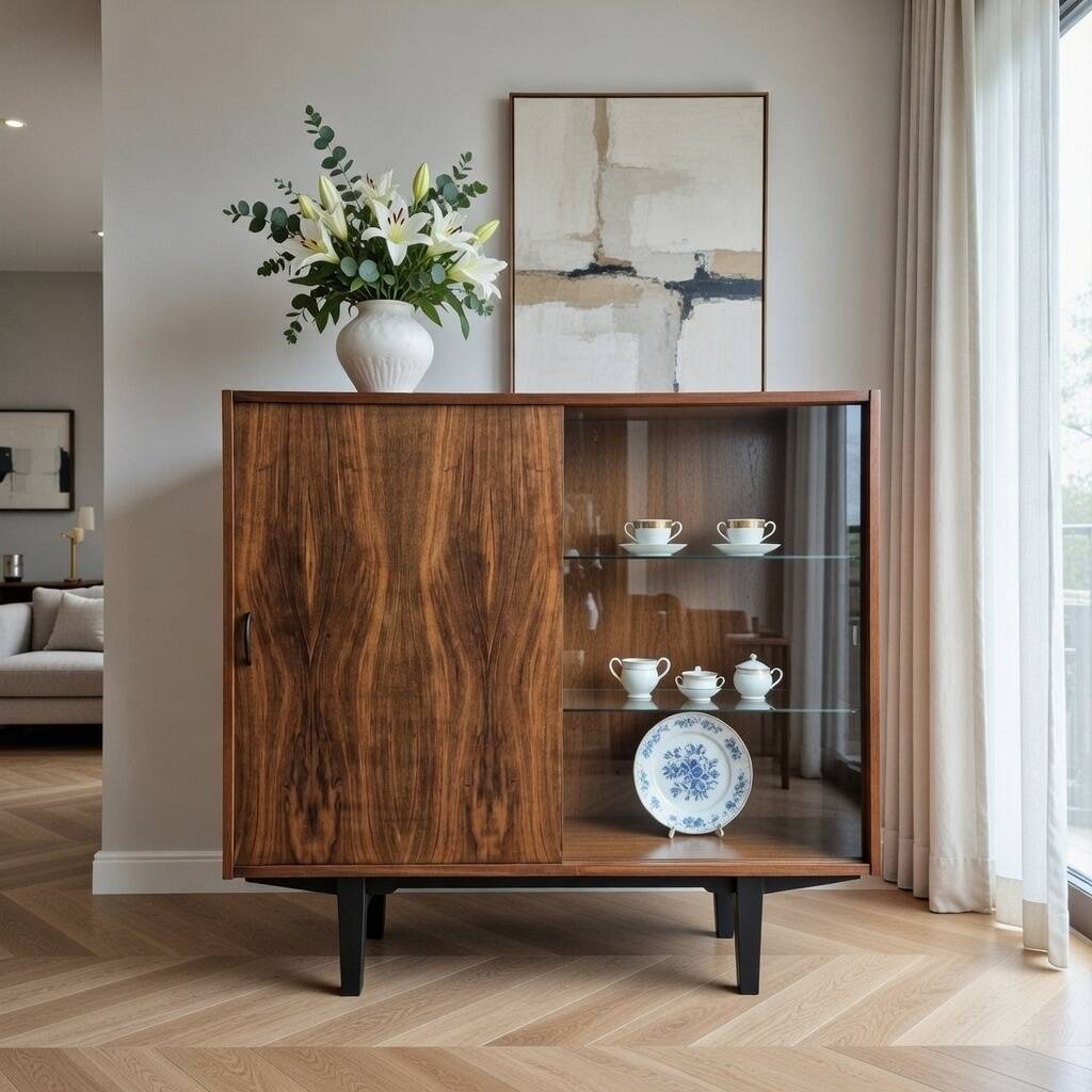 Restored "Violetta" Display Cabinet in Walnut & Mahogany – Poland 1960s