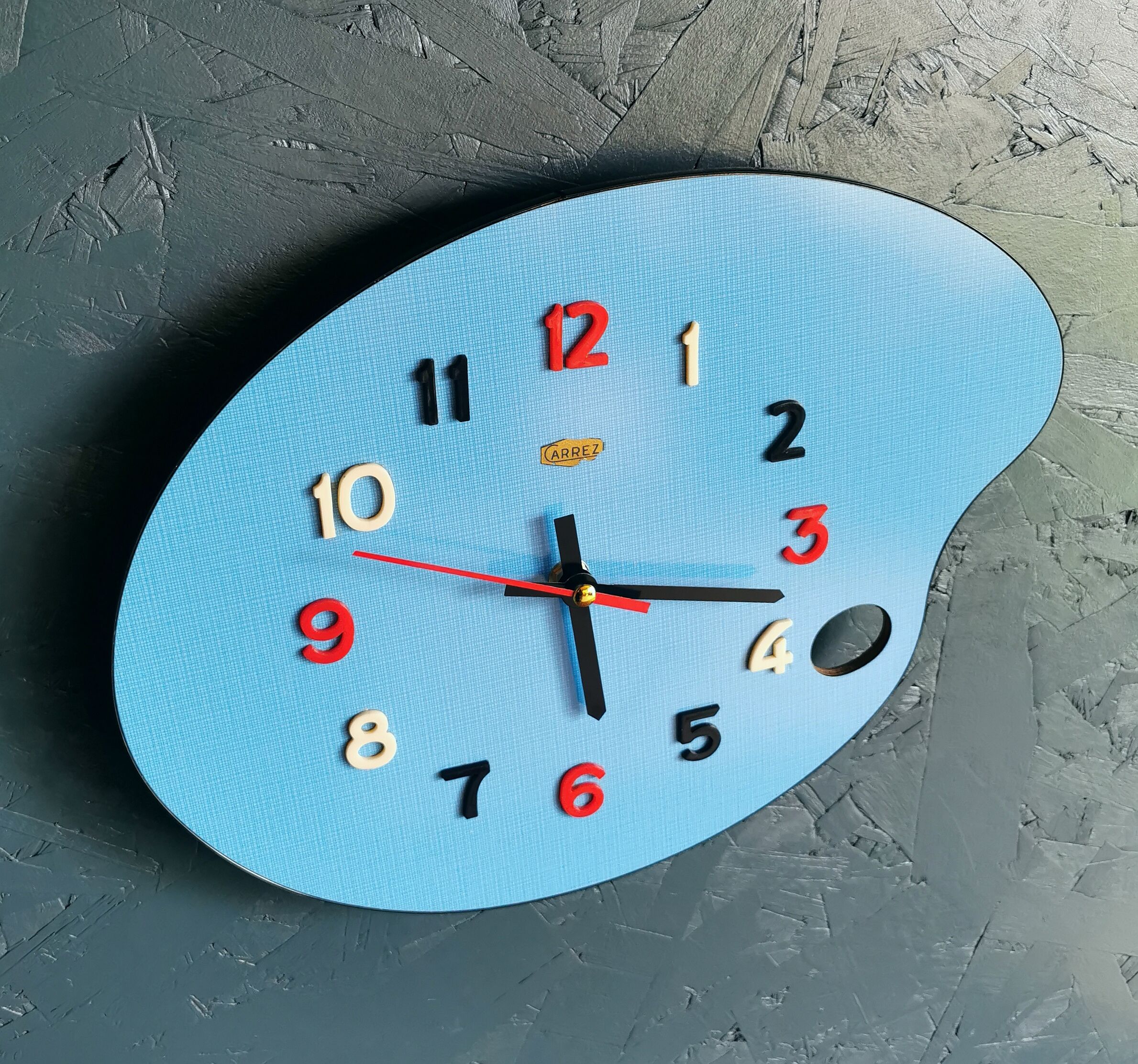 Vintage formica clock silent wall clock painter palette "Carrez bleu"