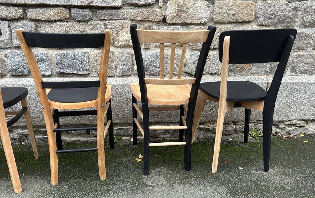 Suite of 6 Baumann, Gascoin, Luterma bistro chairs, redesigned, raw wood and matte black.