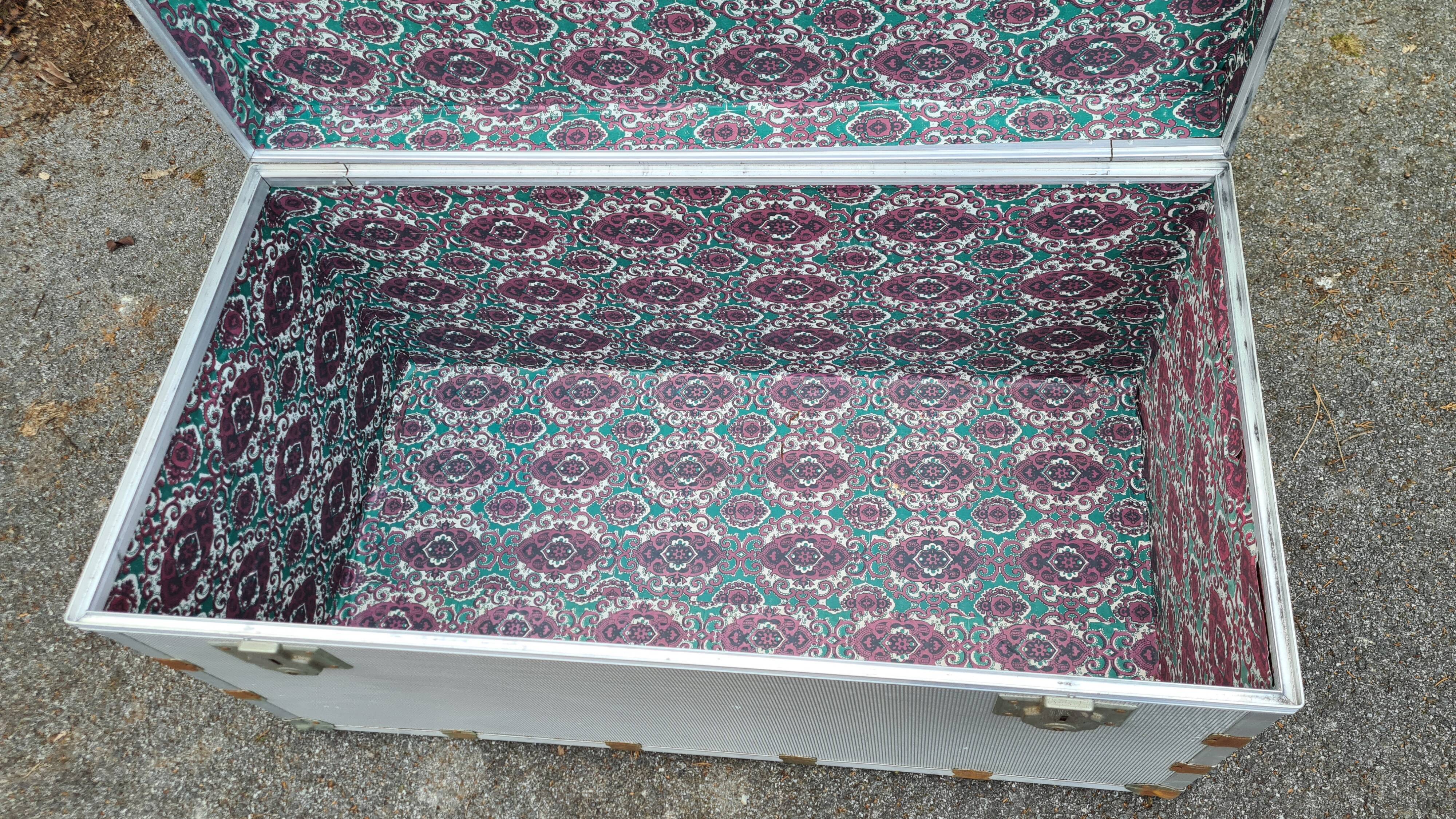 Old metal aluminum trunk / mail trunk / industrial / interior fabric