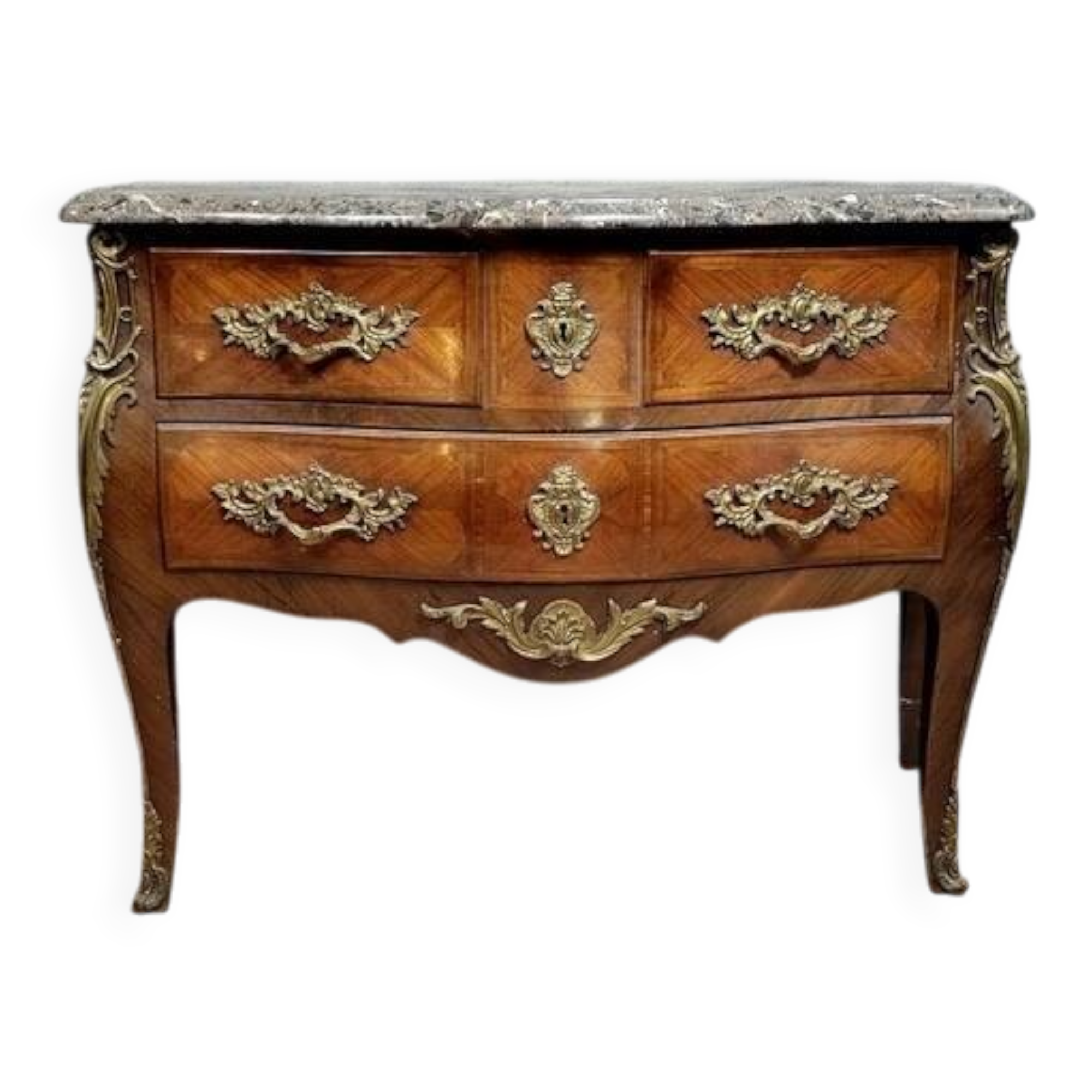 Louis XV style curved chest of drawers in marquetry circa 1880