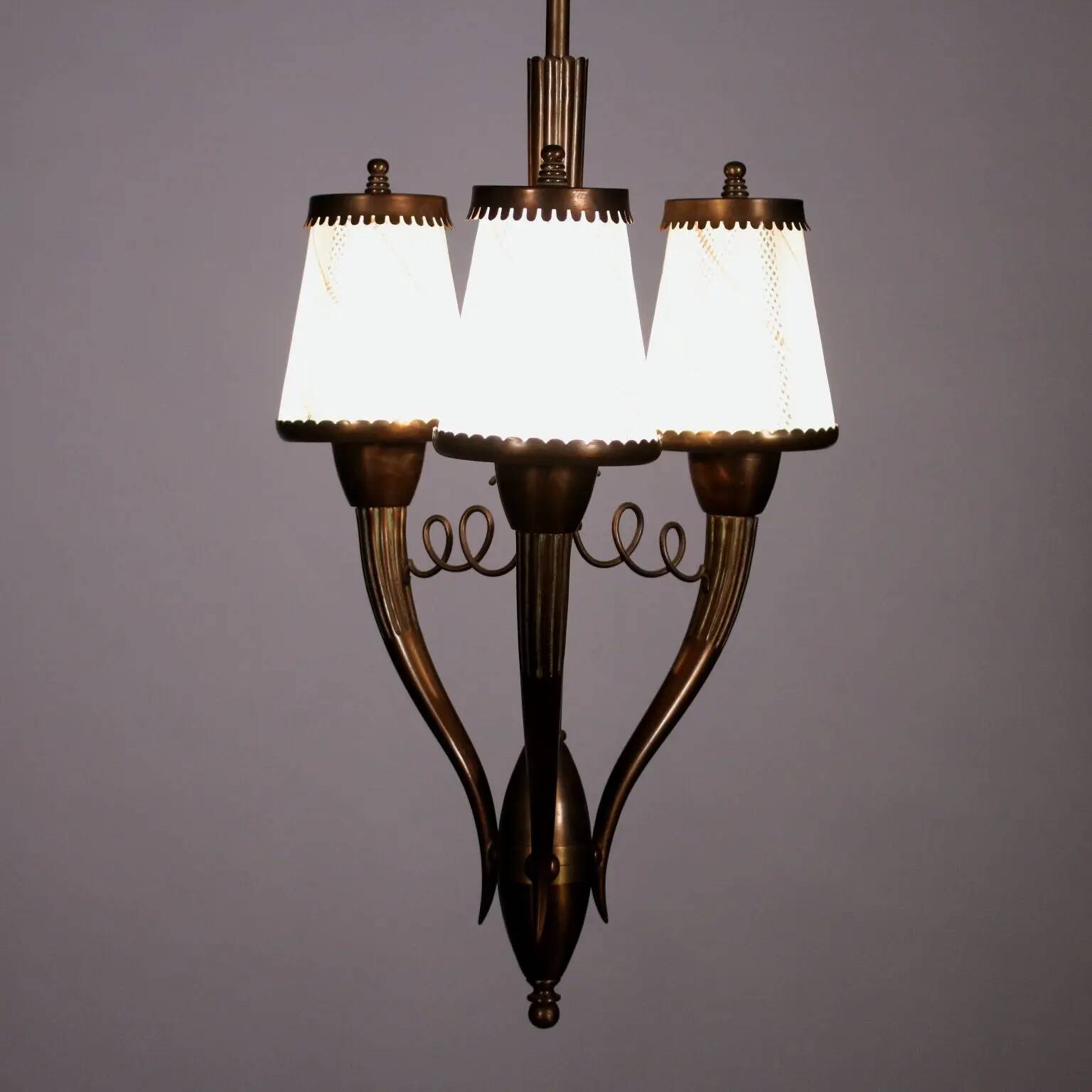 Brass and filigree glass ceiling light, Italian production from the 1940s.