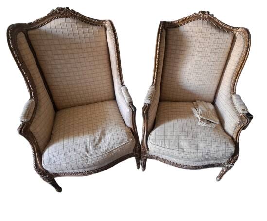 Pair of restored Louis XV wingback armchairs – new fabric