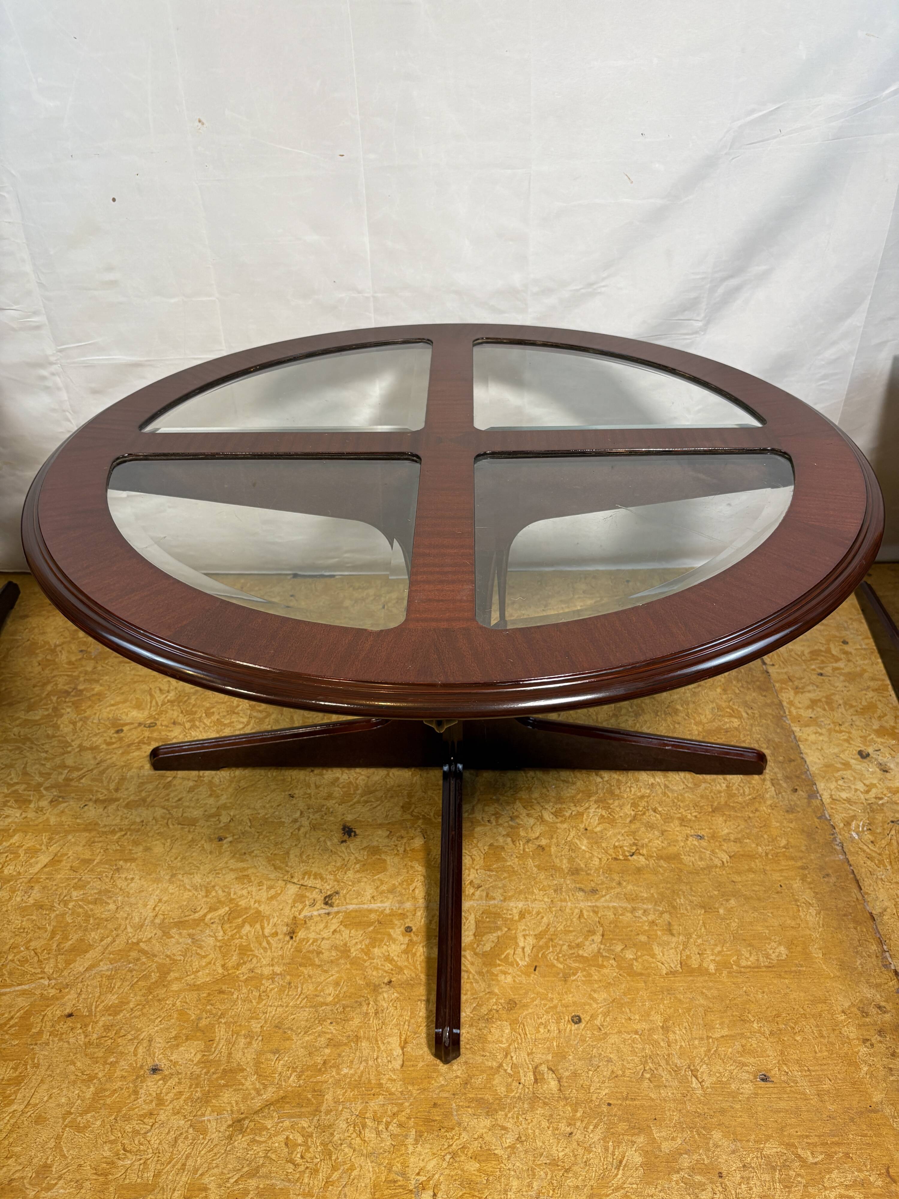 Vintage G-Plan Round Coffee Table & 4 Nested Stools | 1970s | Mahogany & Gl
