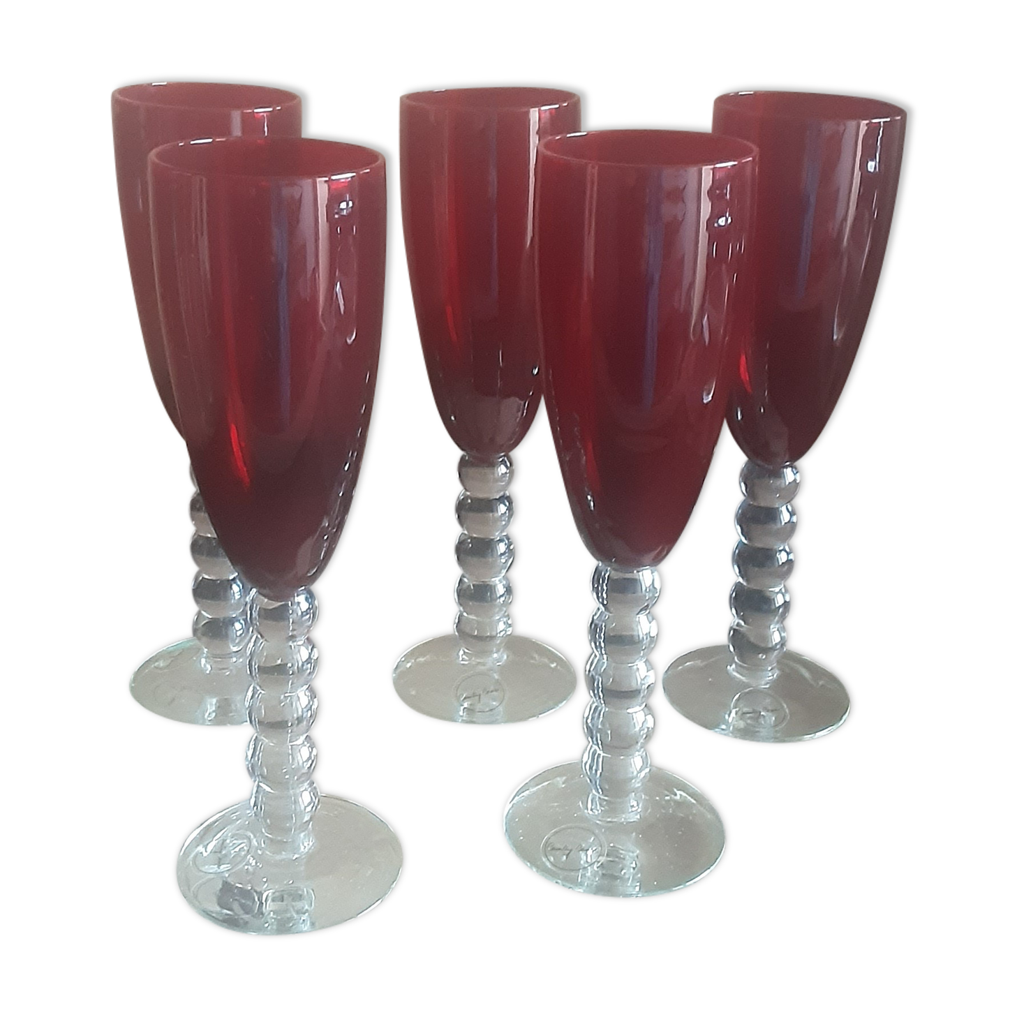 Lot 5 vintage ruby red glass flutes