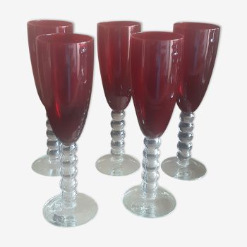 Lot 5 flûtes verre rouge rubis vintage