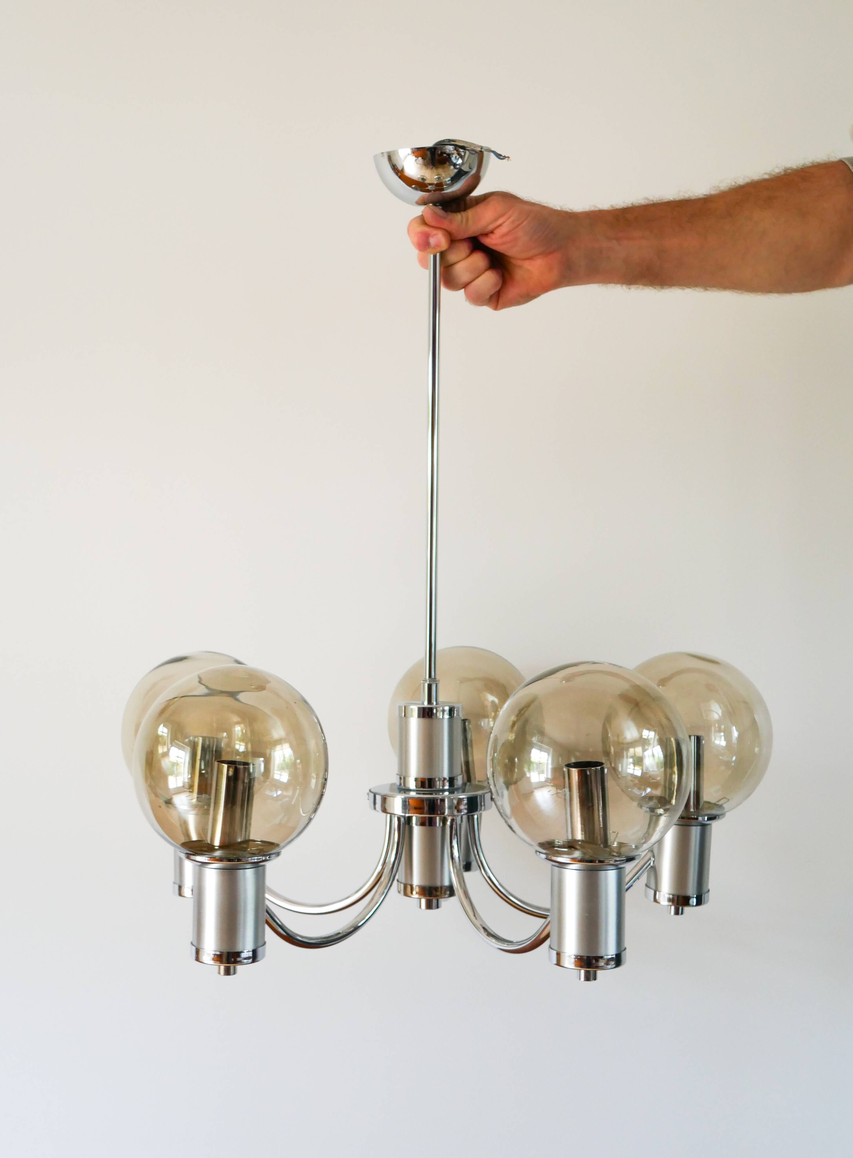Five-branched chandelier, in chrome and smoked glass globes, Design, 1970