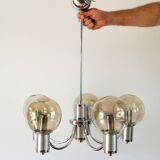 Five-branched chandelier, in chrome and smoked glass globes, Design, 1970