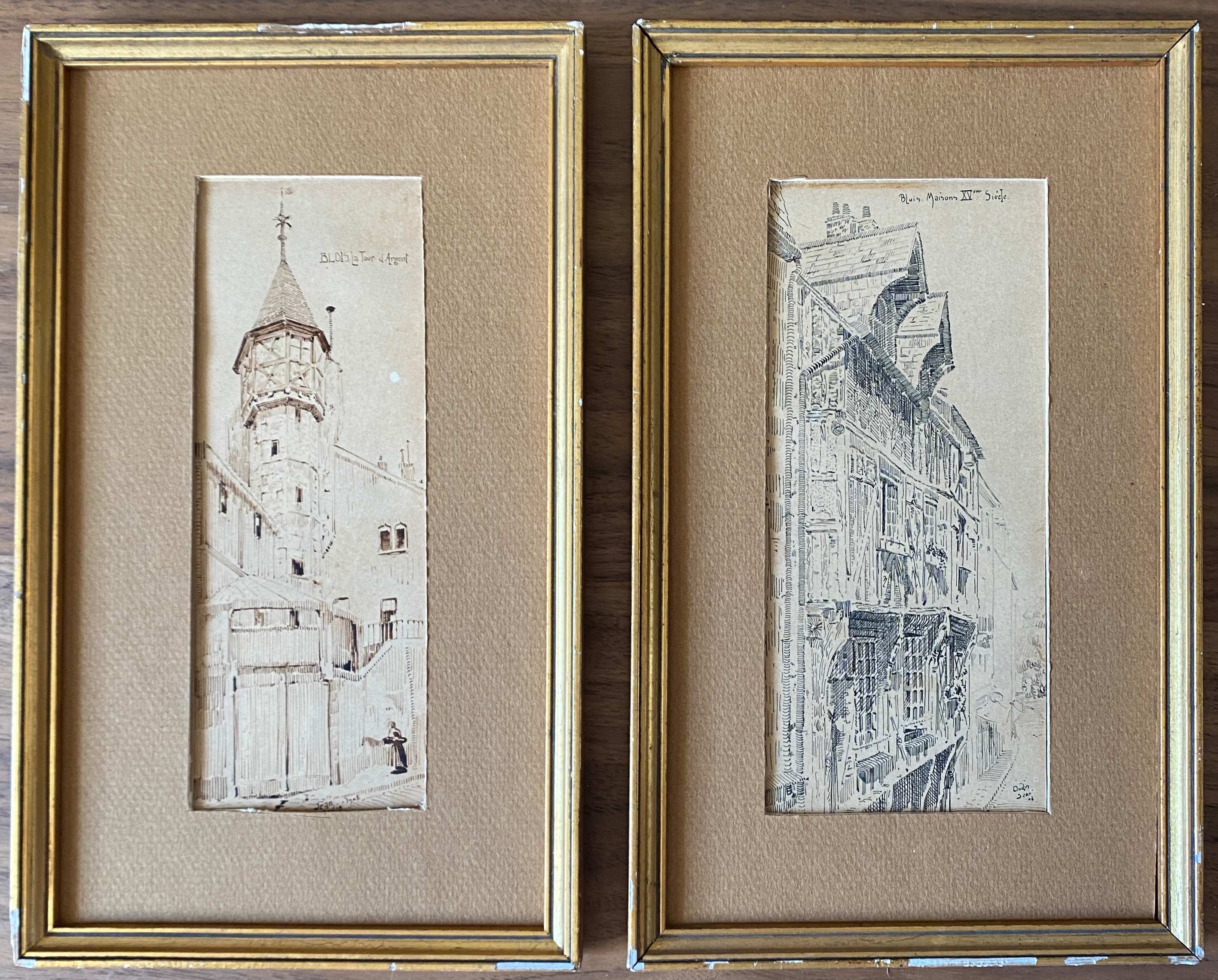 Painting pair of original pen ink seen by blois jean oudin