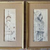 Painting pair of original pen ink seen by blois jean oudin