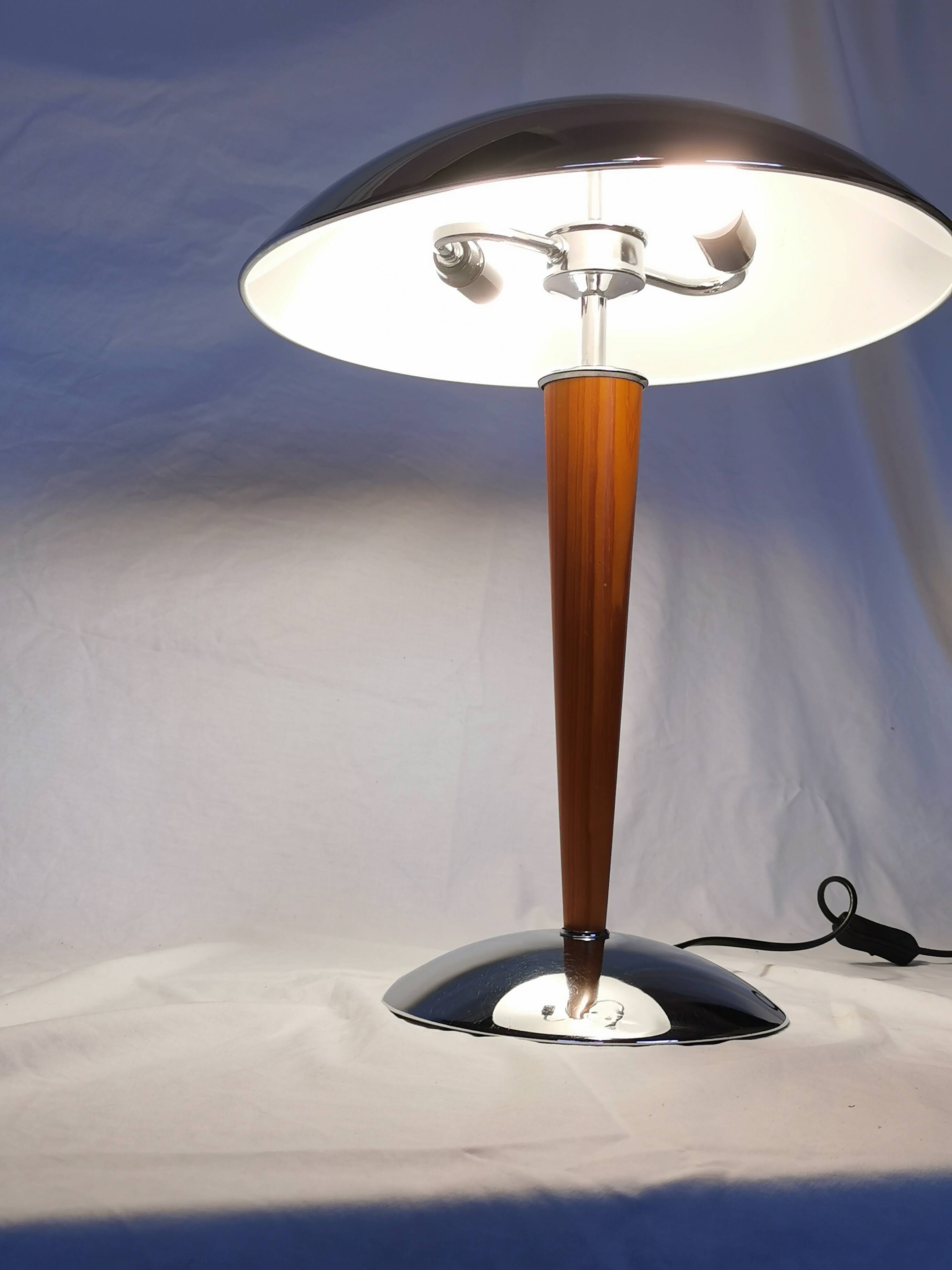 Large double bulb liner lamp, chrome and wood, 1980