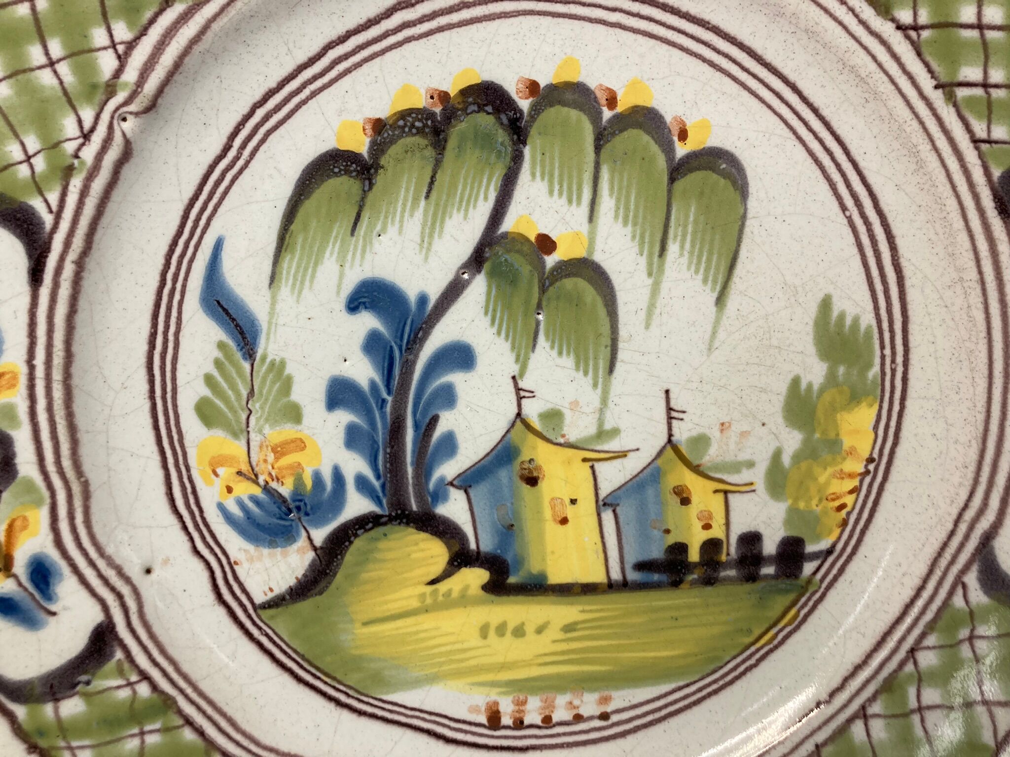 Nevers, earthenware dish willow decoration and eighteenth century pagodas