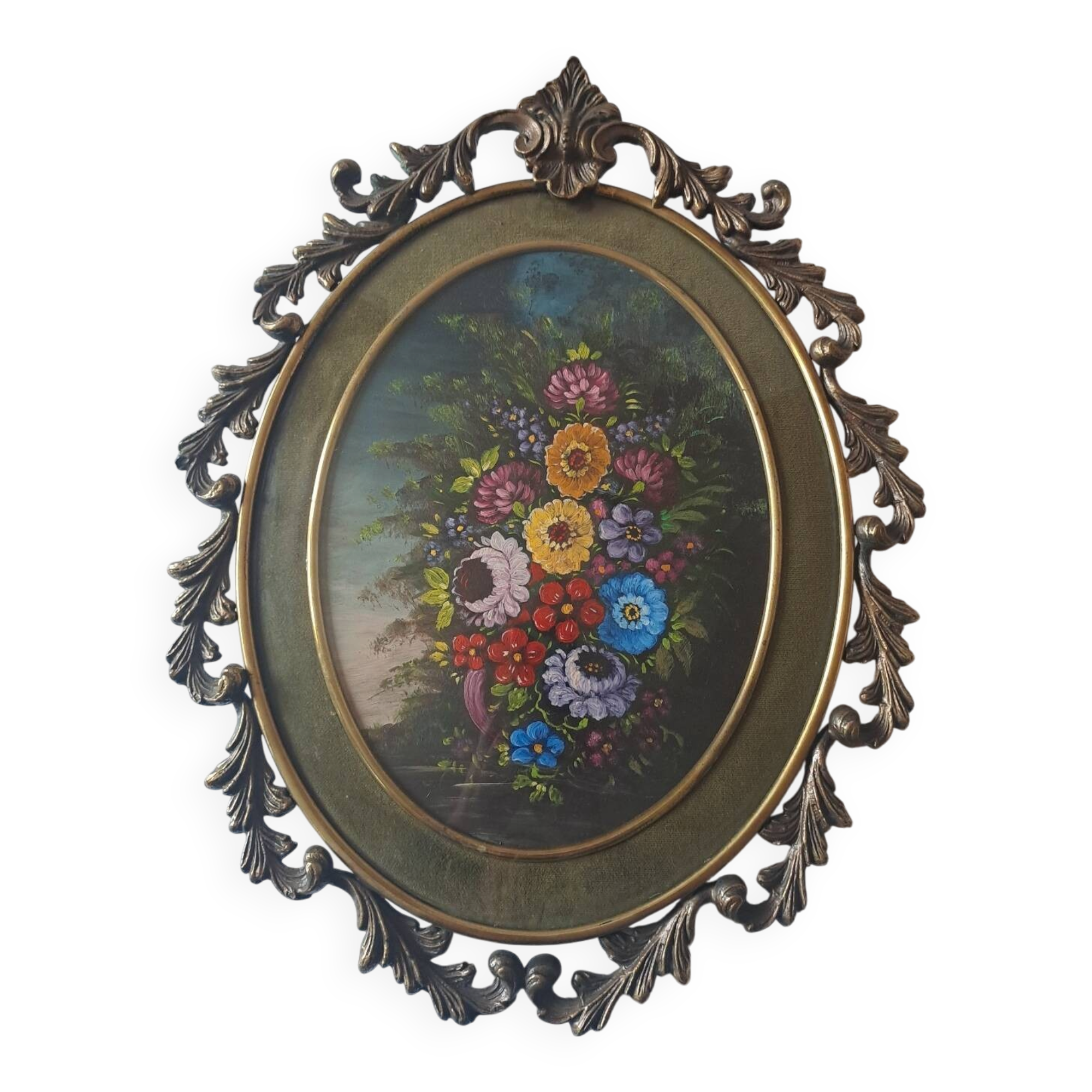 Painted under glass convex medallion in bronze