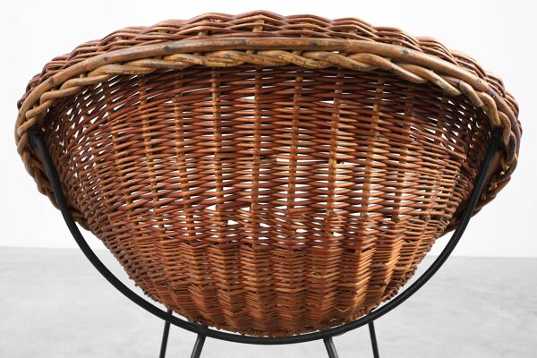 Fauteuil en osier tressé, en rotin et en fer des années 1960, Italie.