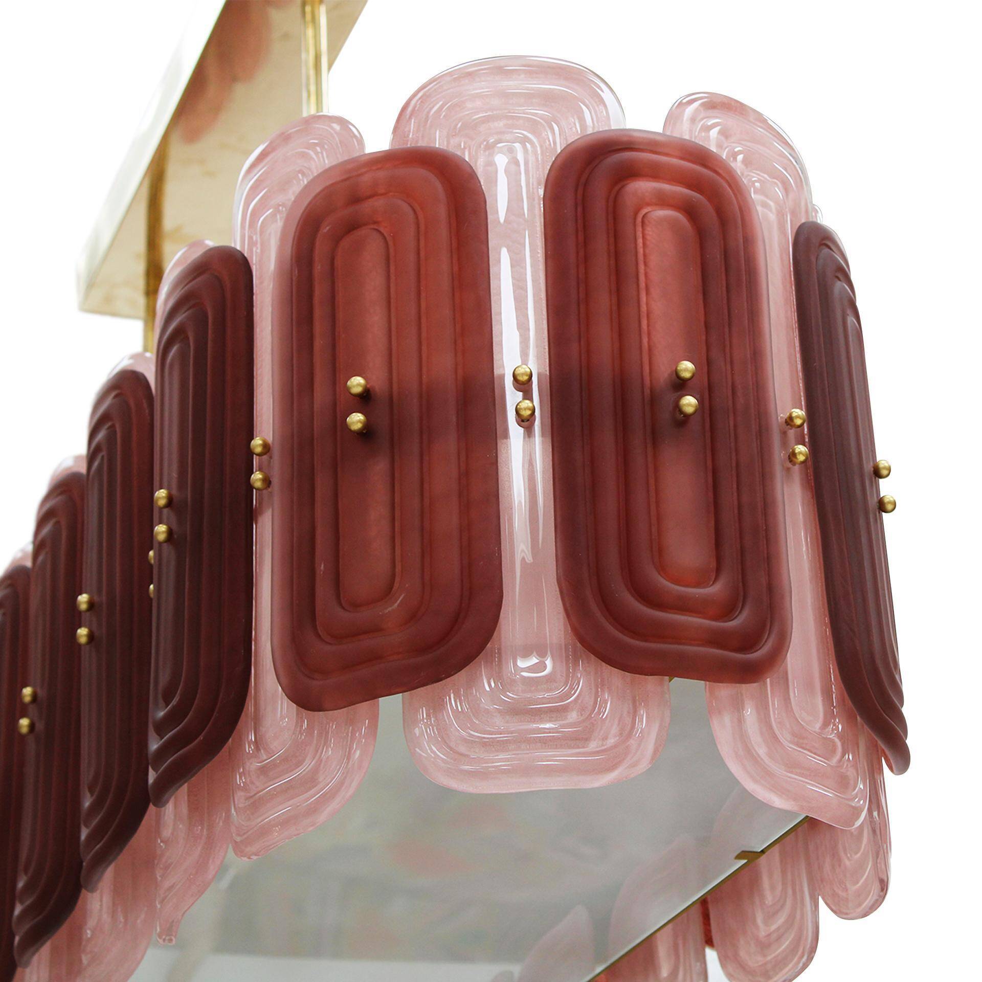 Italian Suspension Lamp with Gold Metal Structure and Red and Pink Murano Glass