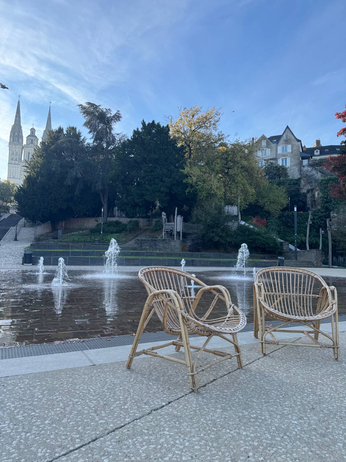 Pair of rattan armchairs, basket, vintage