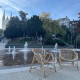 Pair of rattan armchairs, basket, vintage